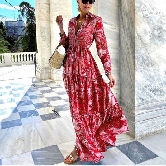 Women Fashion Boho Paisley Long Sleeve Dress in Blue Green Red