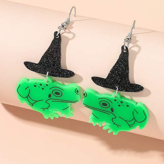 Halloween Women Fashion Creative Funny Acrylic Witch Hat Frog Earrings