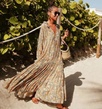 Vestido elegante bohemio con estampado de leopardo, hojas y cachemira floral vintage