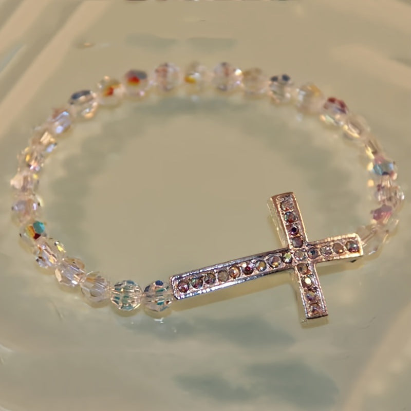 Women Fashion Cross Beaded Bracelet Glass Pink Natural Style