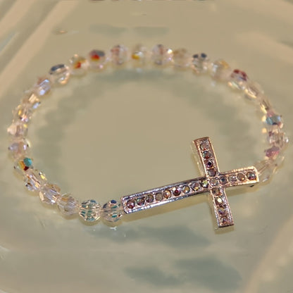 Women Fashion Cross Beaded Bracelet Glass Pink Natural Style
