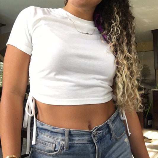 Women Fashion Sexy Solid Color Short Sleeve Drawstring Crop Top