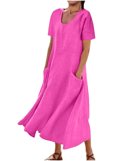Vestido casual de lino y algodón de color liso para mujer