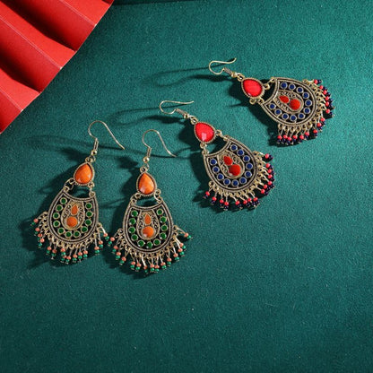 Pendientes de borlas huecas con piedras preciosas y cuentas bohemias para mujer