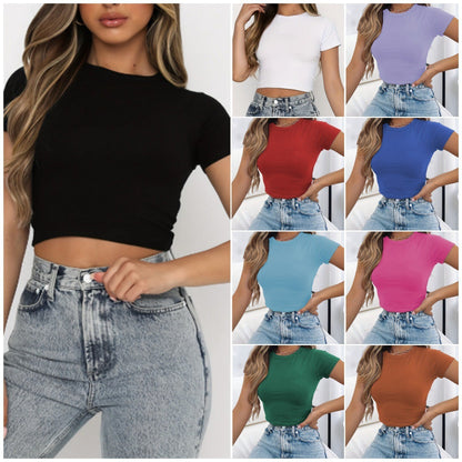T-shirt d'été à manches courtes et col rond pour femme, couleur unie, à la mode