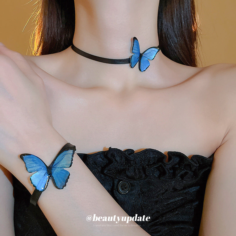 Conjunto de joyas de mariposa azul degradado estilo princesa con cadena de clavícula de aleación
