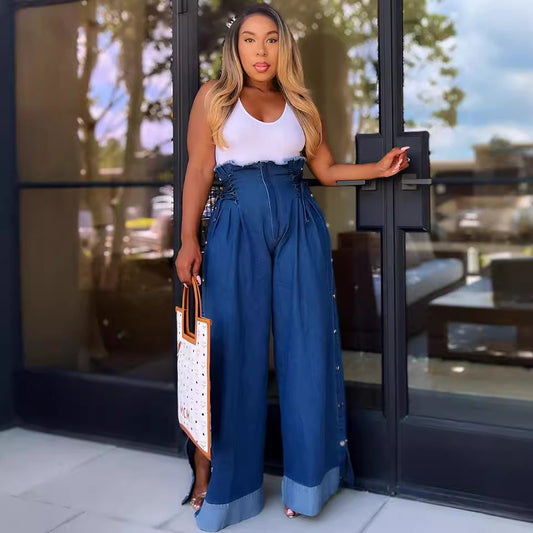 Women Fashion Casual High Waist Wide Leg Jeans