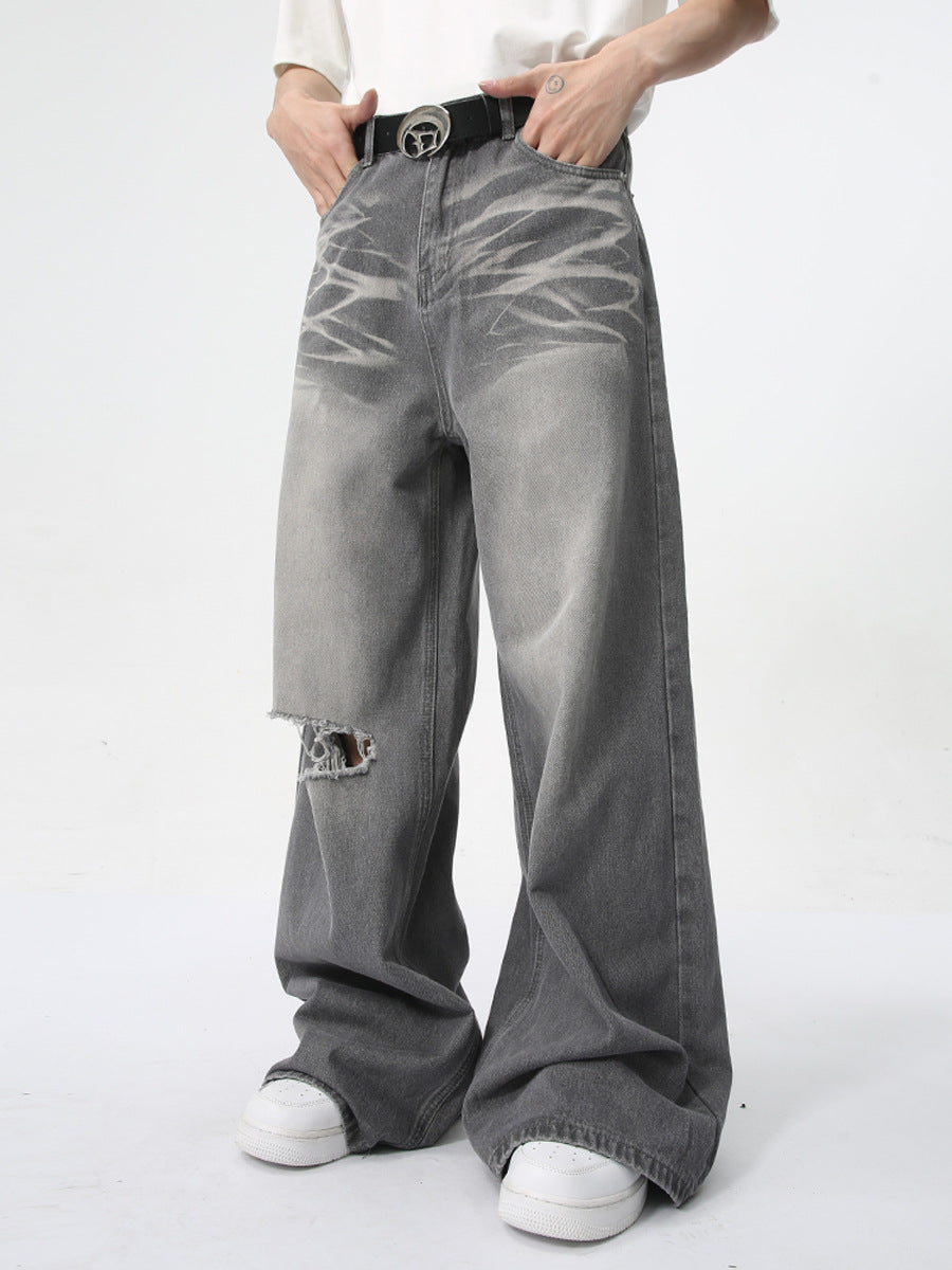 Men Vintage Washed Ripped Straight Leg Jeans