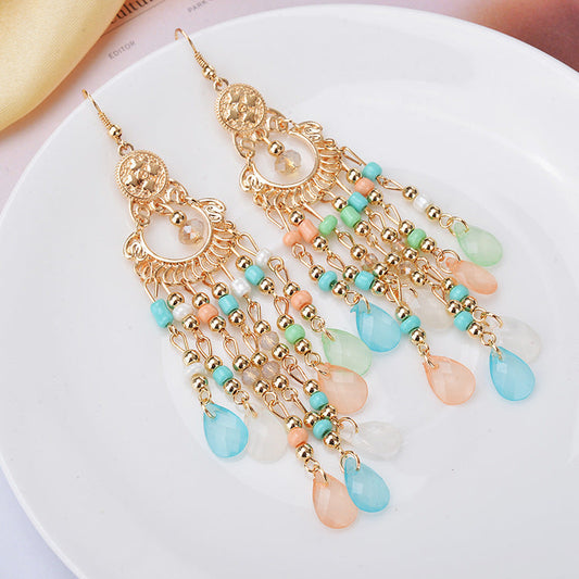 Pendientes de borlas huecas con piedras preciosas y cuentas bohemias para mujer