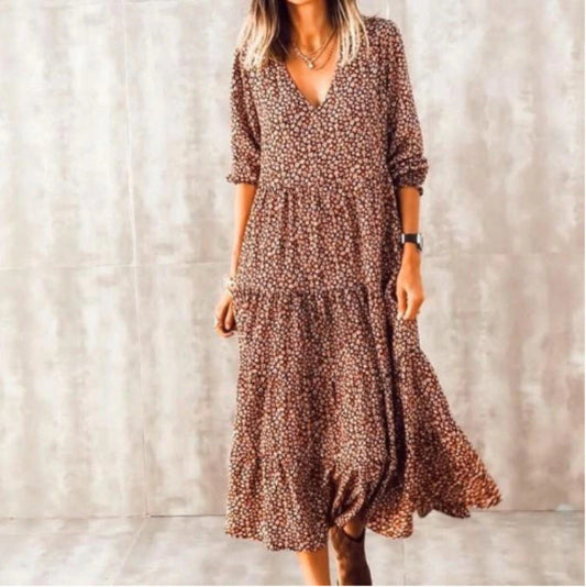 Women Elegant Bohemian Summer Tiny Flower Print Long Ruffled Dress