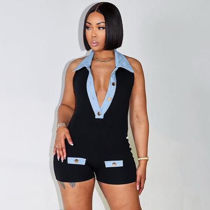 Women Fashion Sexy Denim Splicing V-Neck Rompers