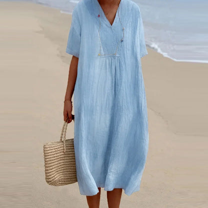 Robe décontractée en coton et lin à col en V et couleur unie pour femme