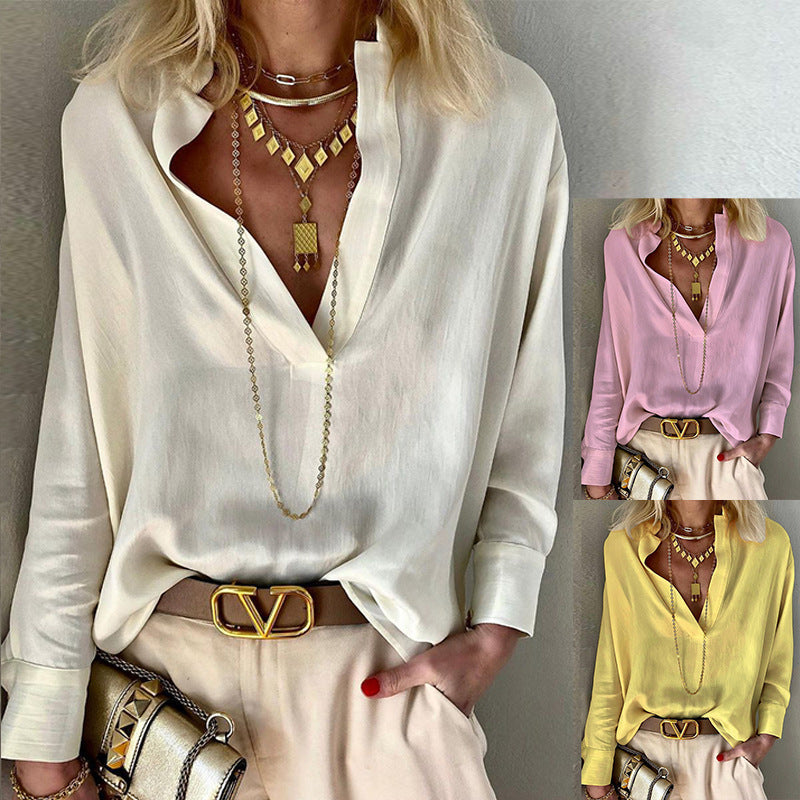 Camisa de manga larga con cuello de color liso a la moda para mujer
