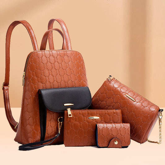 Conjunto de mochila y bolso bandolera con cadena de PU en relieve para mujer
