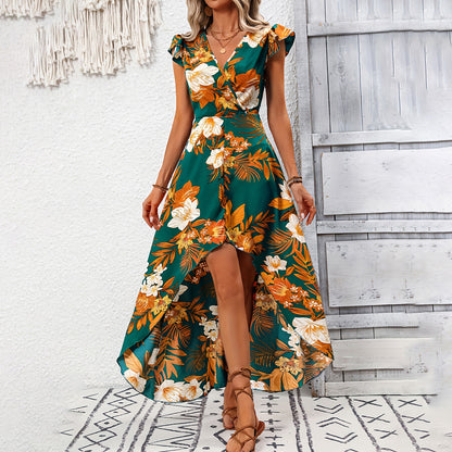 Robe décontractée à col en V et manches courtes pour femme, imprimée de fleurs