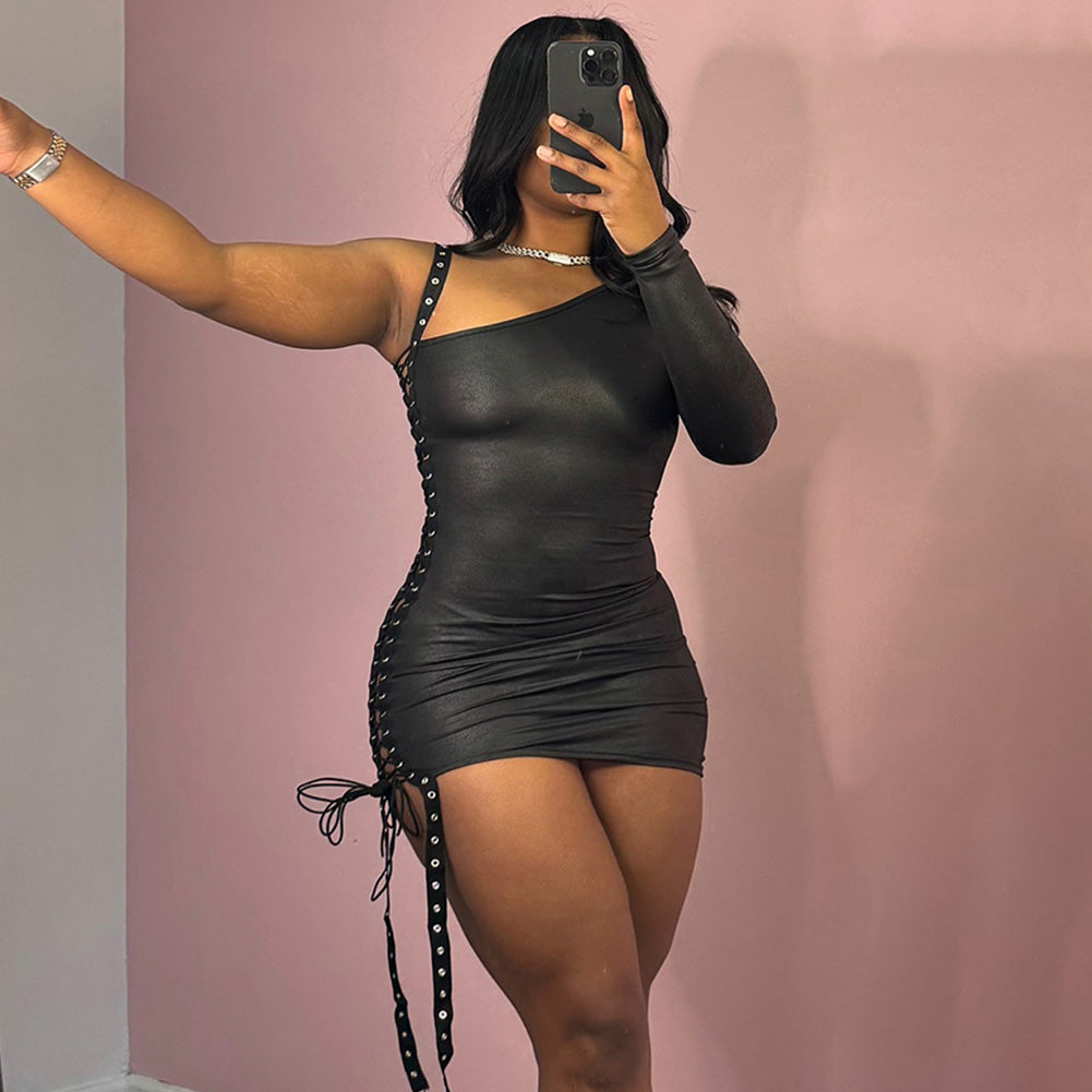 Women Fashion Sexy Solid Color Oblique Collar Lace-Up Dress