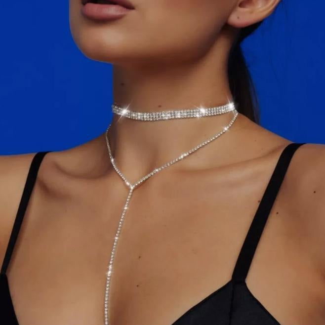 Women Fashion Elegant Long Tassel Zircon Earrings Necklace Set
