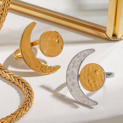 Bague ajustable créative en or 18 carats avec motif lune et soleil martelé pour femme