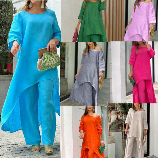 Women Fashion Casual Solid Color Cotton Linen Set