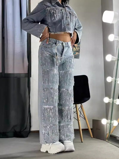 Vaqueros rectos con borlas y lentejuelas para mujer, estilo casual y creativo