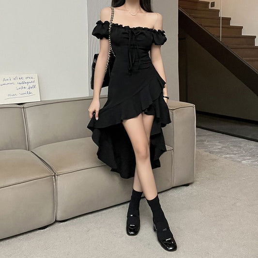 Women Fashion Sexy Black Ruffled Off-Shoulder Dress