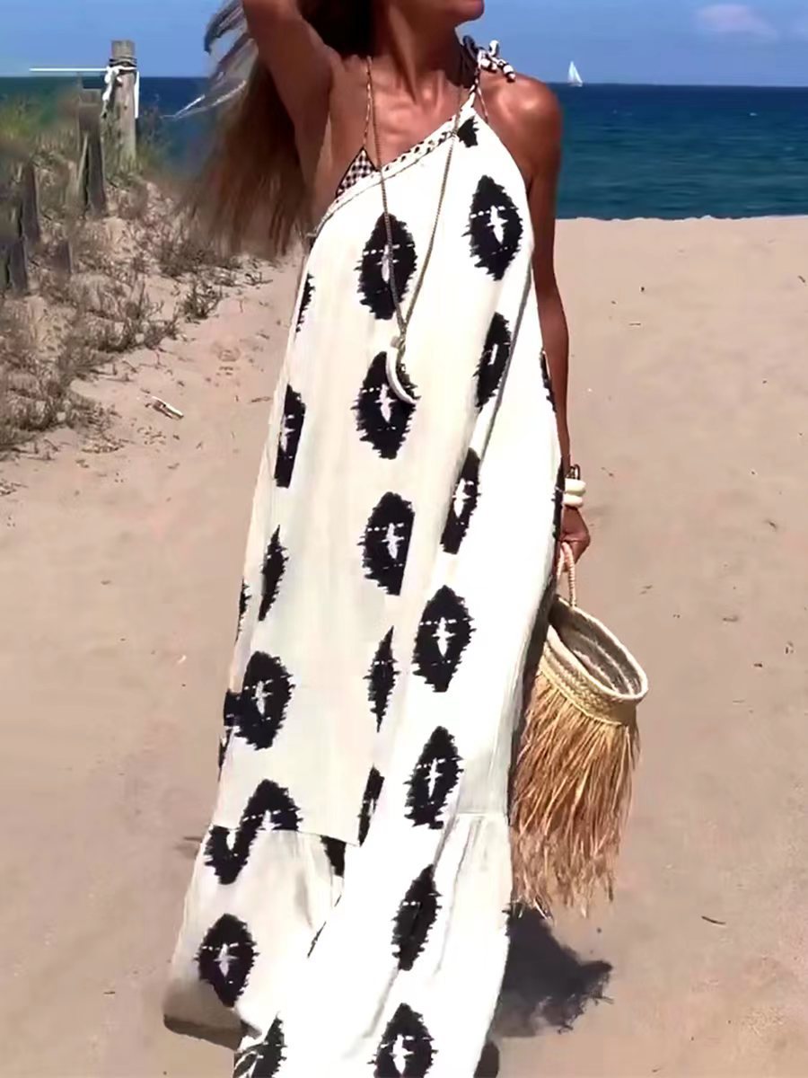 Bohemian Women Fashion Digital Print Slant Shoulder Lace Maxi Dress