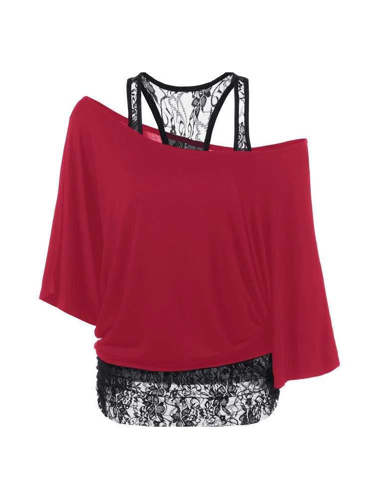 Plus Size Lace Splicing Slanted Shoulder T-Shirt