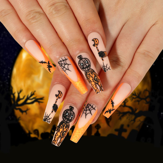 Women Fashion Halloween Orange Glitter Pumpkin False Nails