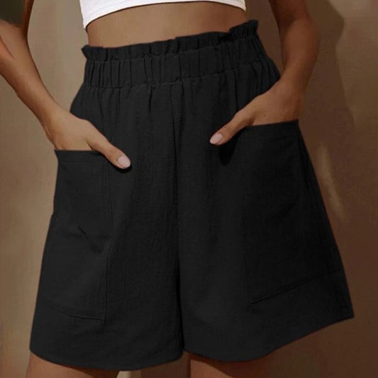 Women Casual High Waist Cotton Linen Shorts with Wide Leg Style
