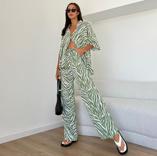 Women Casual Satin Stripe Blouse and High Waist Pants Set