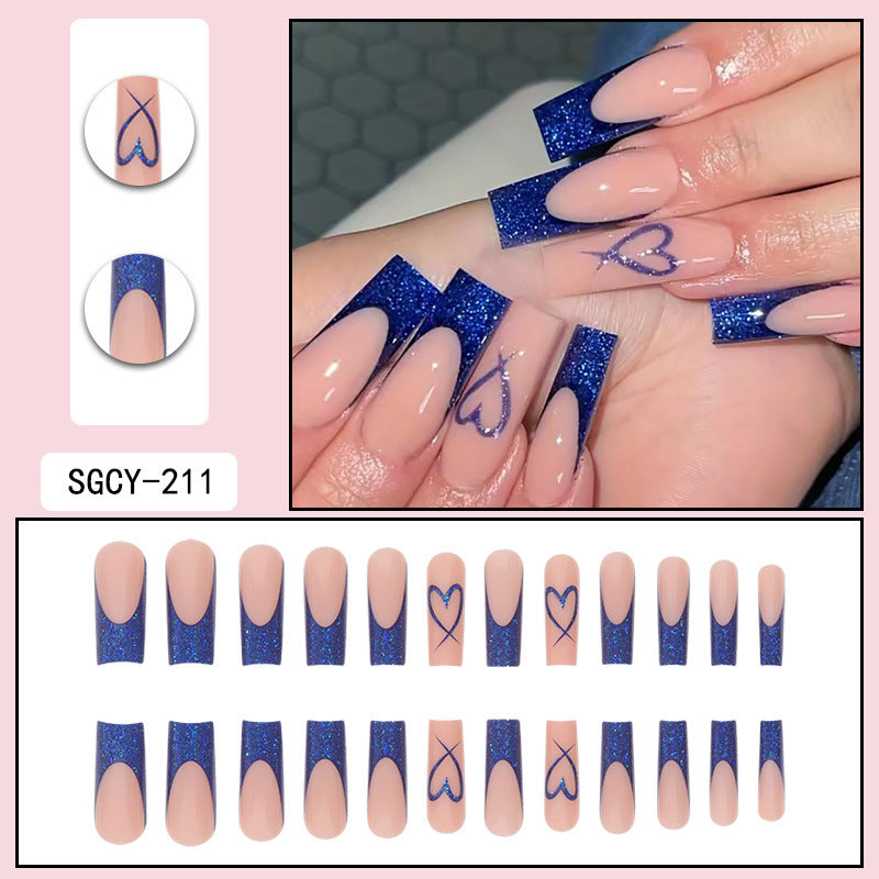 Faux ongles longs bleus pailletés pour femme
