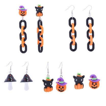 Pendientes de gato negro con cadena de calabaza, creativos y divertidos de Halloween para mujer