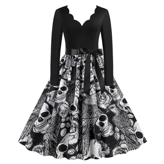 Vestido informal de Halloween con estampado de calavera y rosa para mujer
