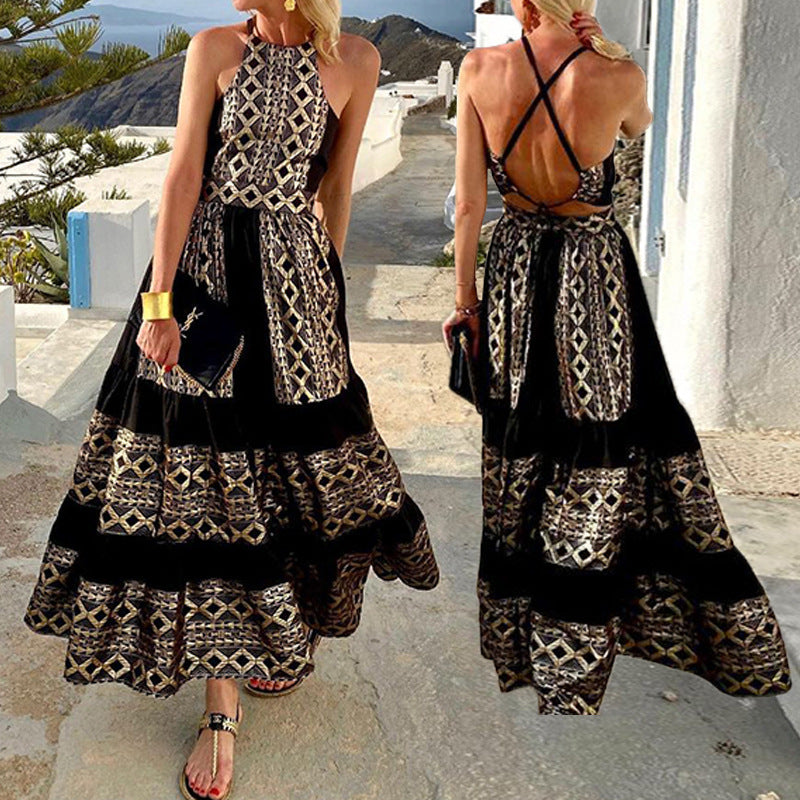 Women Fashion Bohemian Print Backless Maxi Dress