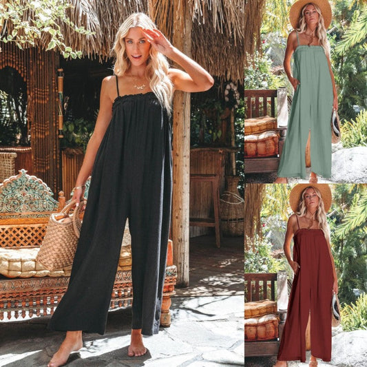 Women Casual Summer Vacation Solid Color Jumpsuit