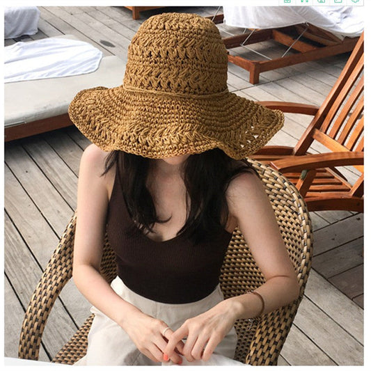 Sombrero de sol de paja calado, informal, hecho a mano, para mujer
