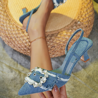 Sandales élégantes à talons pointus en denim avec strass