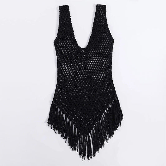 Vestido de baño sexy con borlas y aberturas de color sólido para mujer