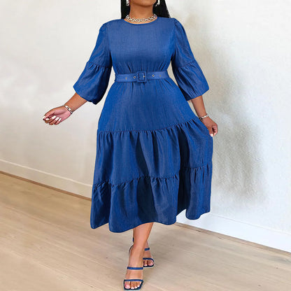 Vestido vaquero de talla grande para mujer con falda plisada y mangas largas