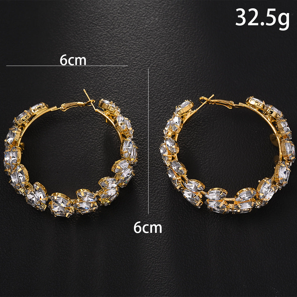 Exaggerated Geometric Rhinestone Hoop Earrings Gold Silver