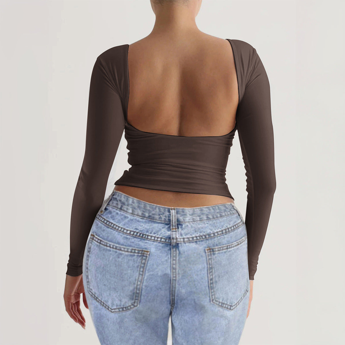 Women Fashion Casual Backless Crewneck Long Sleeve Blank T-Shirt