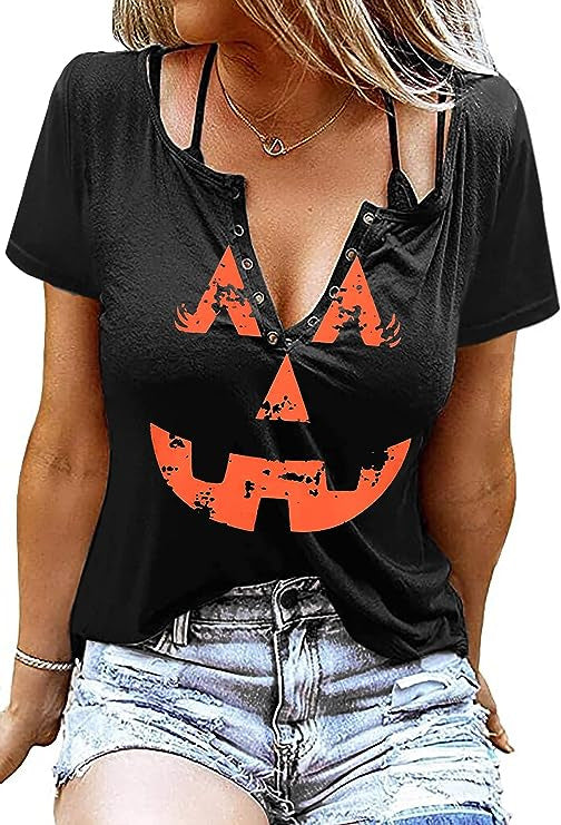 Camiseta de manga corta de algodón con estampado de linterna de calabaza de Halloween