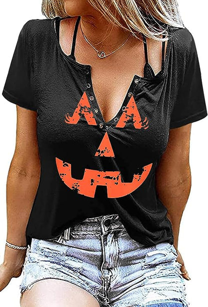 Camiseta de manga corta de algodón con estampado de linterna de calabaza de Halloween