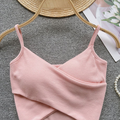 Camisola corta sexy de color liso con hilo cruzado para mujer