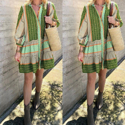 Vestido vintage bohemio de algodón y lino con estampado geométrico para mujer, manga larga