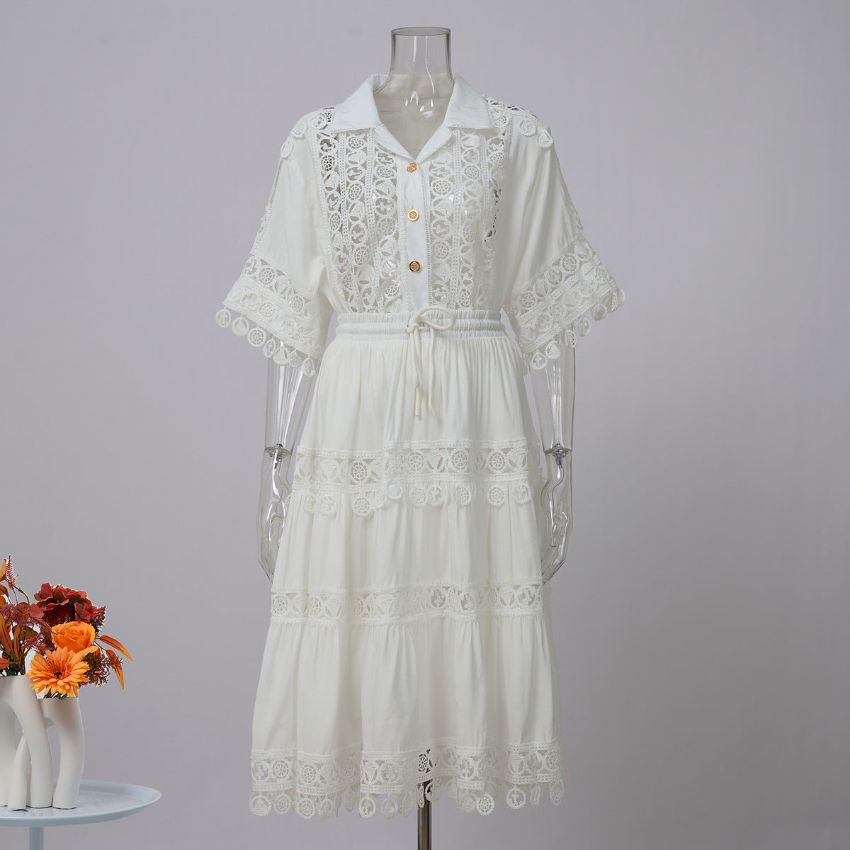 Vintage Palace Style Lapel Embroidered Lace Shirt Skirt Set