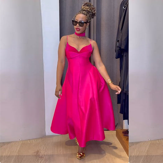 Women Fashion Elegant Solid Color V-Neck Dress