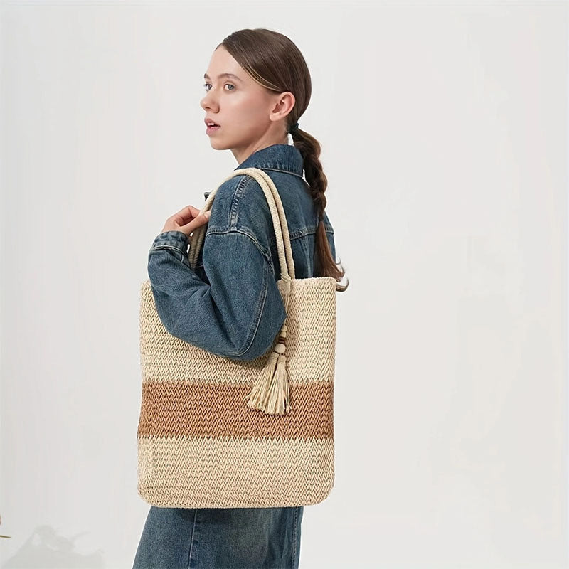 Women Casual Contrast Color Straw Woven Tote Bag