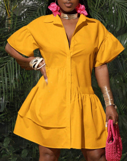 Women Fashion Casual Solid Color Lapel Dress