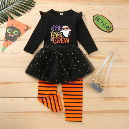 Conjunto de camiseta y falda con estampado de letras de Halloween para niñas pequeñas